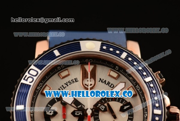 Ulysse Nardin Maxi Marine Diver Chronograph Miyota OS20 Quartz Rose Gold Case with Silver Dial White Markers and Blue Rubber Strap - Click Image to Close